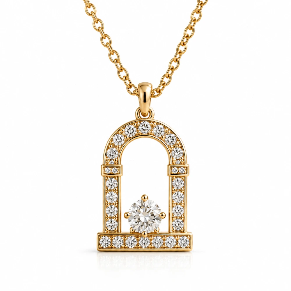 The Arch Portal Pendant — Lengkung 18 mm · Berlian 0,25 ct menggantung · Bingkai 34 × 0,01 ct · Rantai 45 cm · Emas 18K