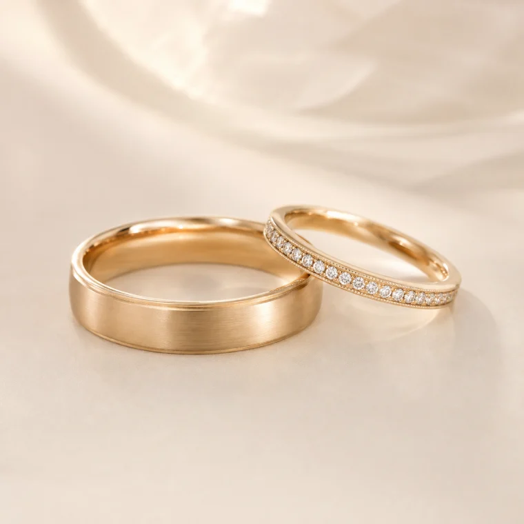 Sepasang cincin nikah emas kuning — satu polos brushed, satu bertabur berlian